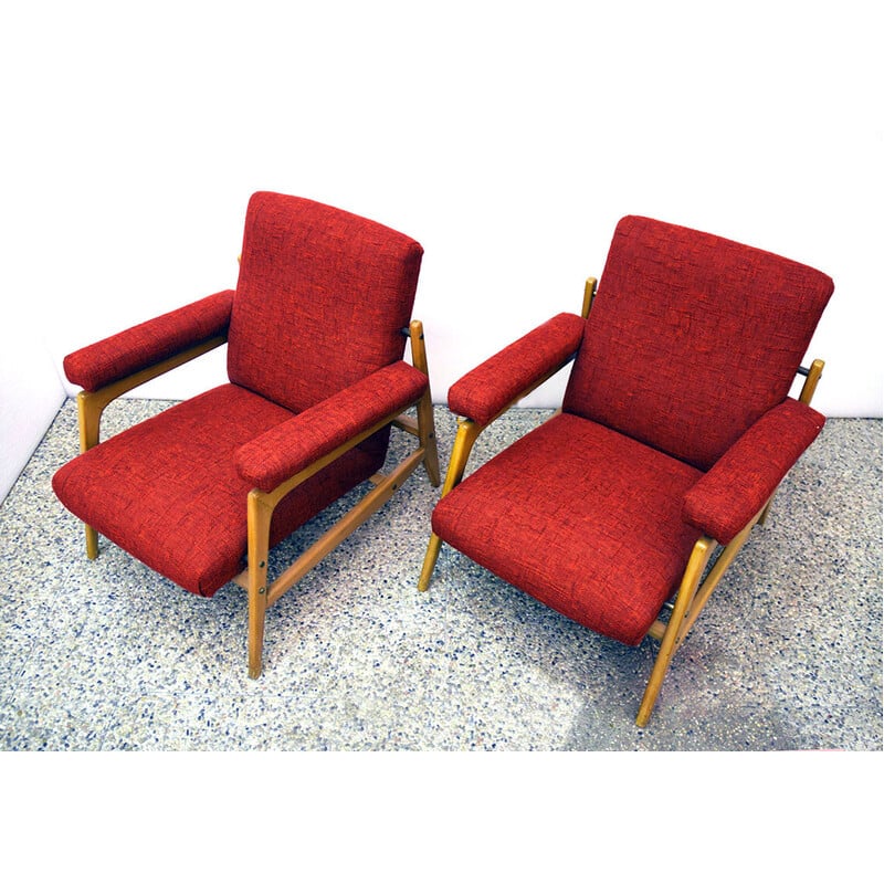 Paar vintage fauteuils in esdoornhout en stof met 3-zitsbank, 1960