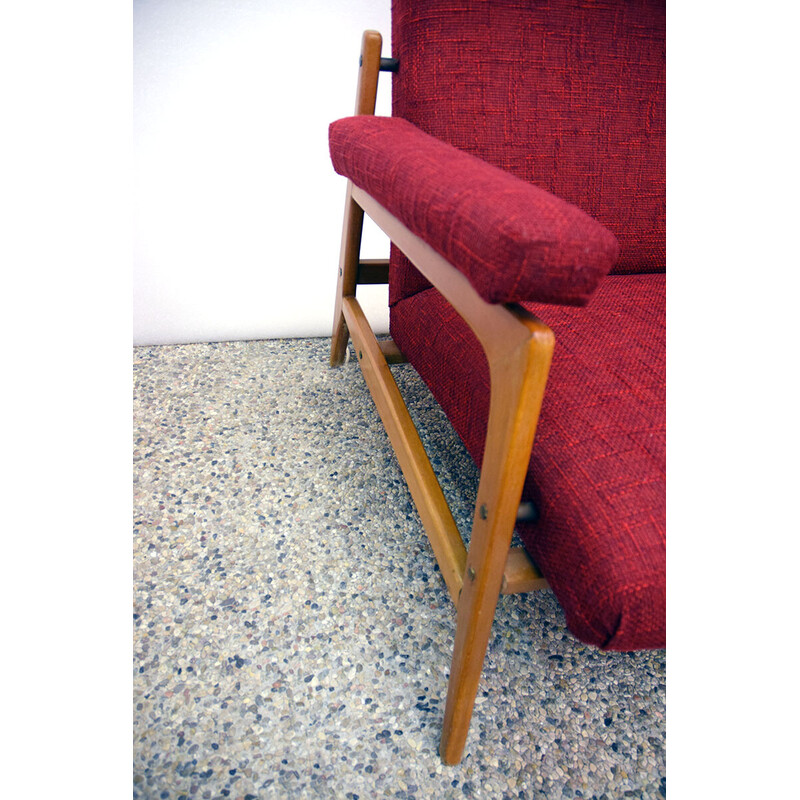 Pair of vintage armchairs in maple wood and fabric with 3-seater sofa, 1960