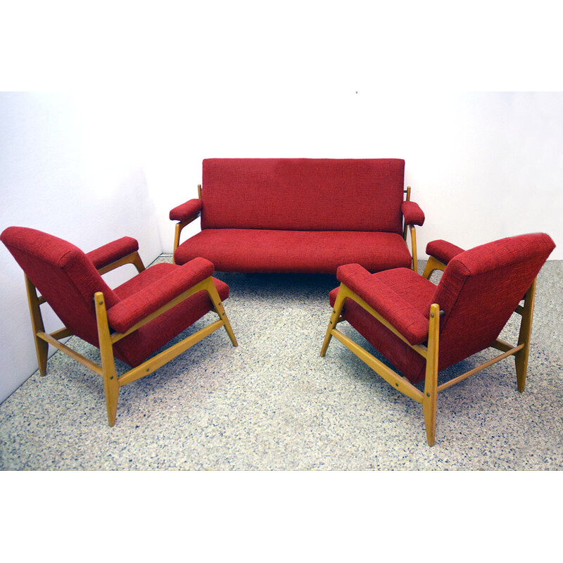 Pair of vintage armchairs in maple wood and fabric with 3-seater sofa, 1960