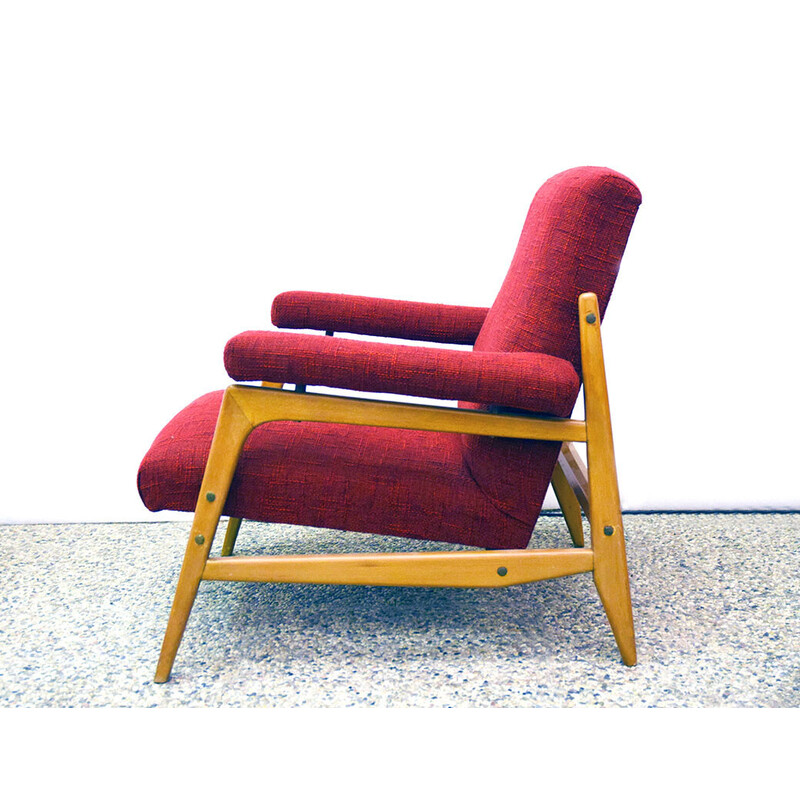 Pair of vintage armchairs in maple wood and fabric with 3-seater sofa, 1960