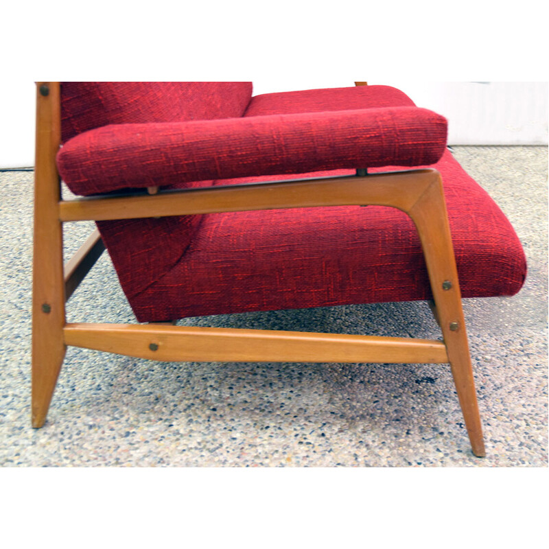 Pair of vintage armchairs in maple wood and fabric with 3-seater sofa, 1960