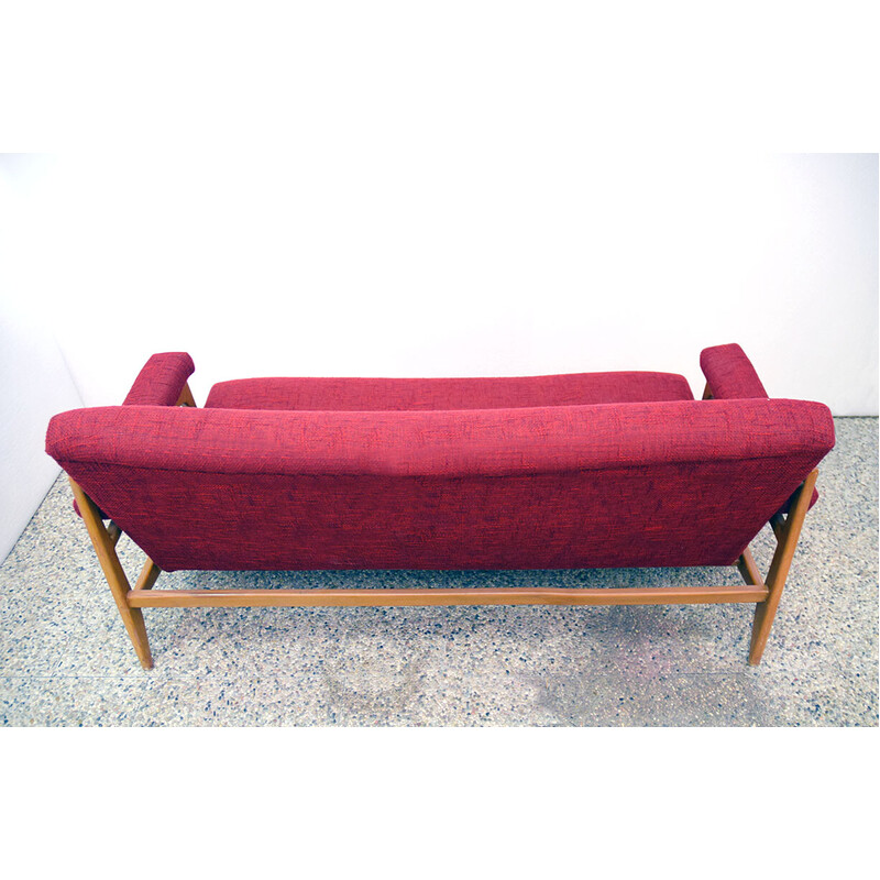 Pair of vintage armchairs in maple wood and fabric with 3-seater sofa, 1960