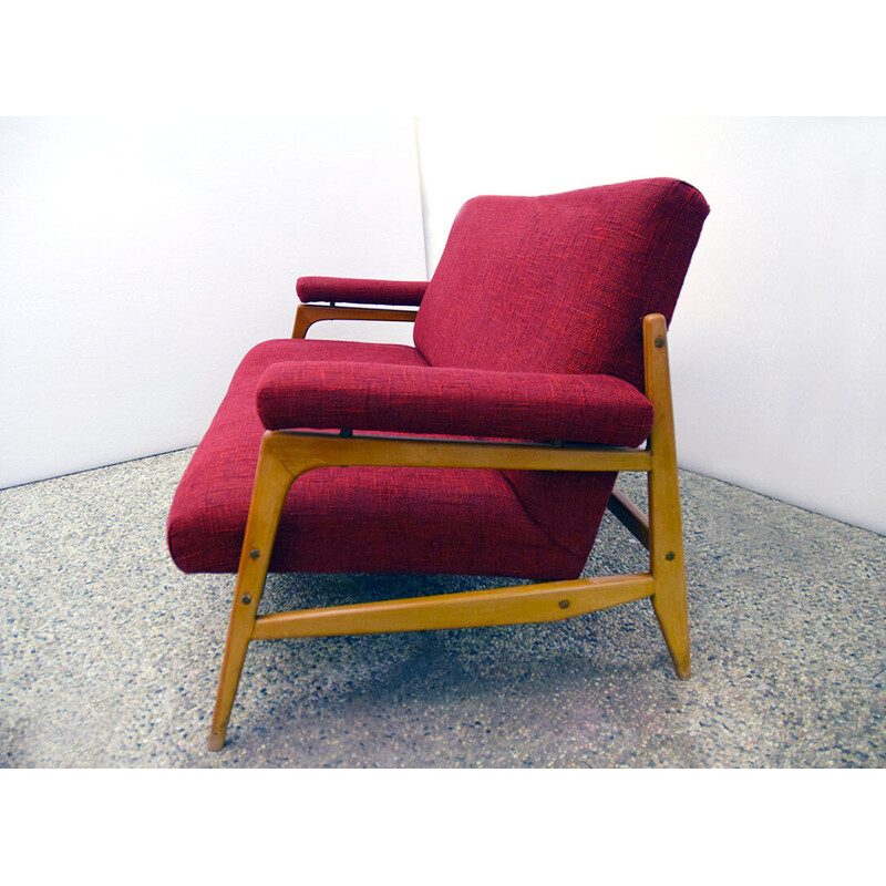 Pair of vintage armchairs in maple wood and fabric with 3-seater sofa, 1960