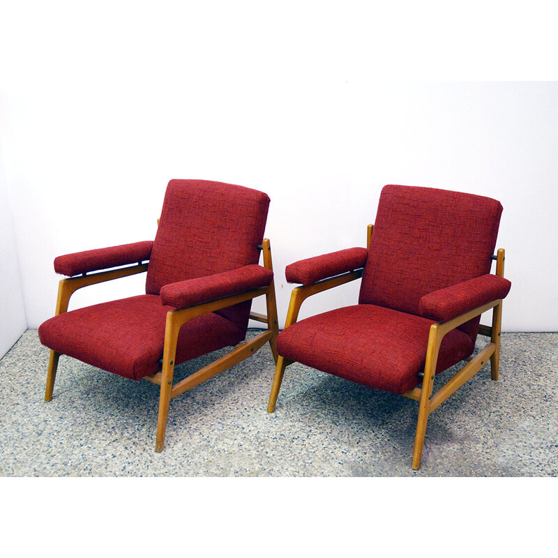 Pair of vintage armchairs in maple wood and fabric with 3-seater sofa, 1960