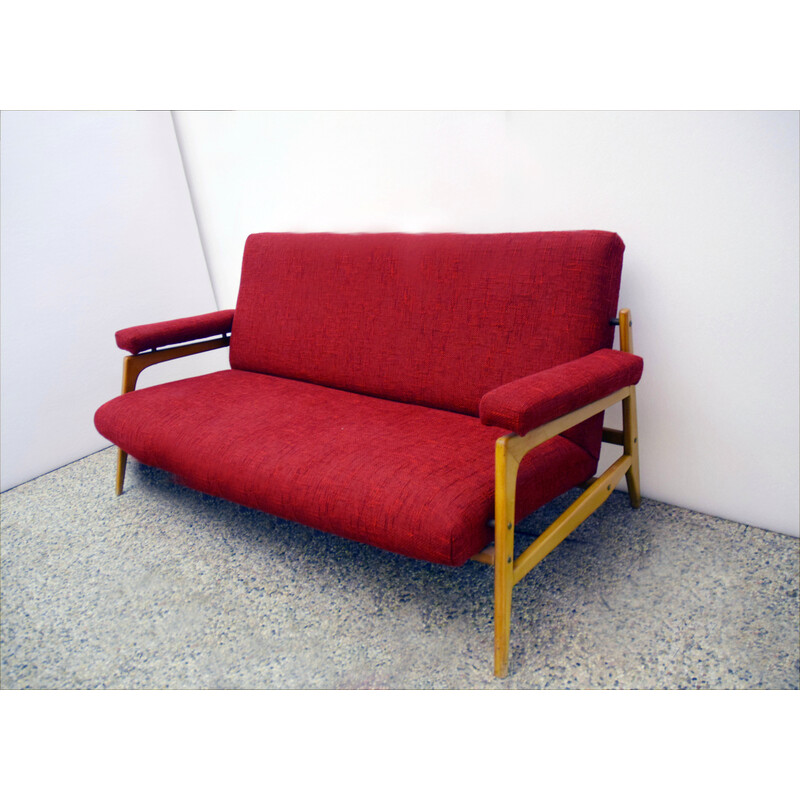 Par de poltronas vintage em madeira de ácer e tecido com sofá de 3 lugares, 1960