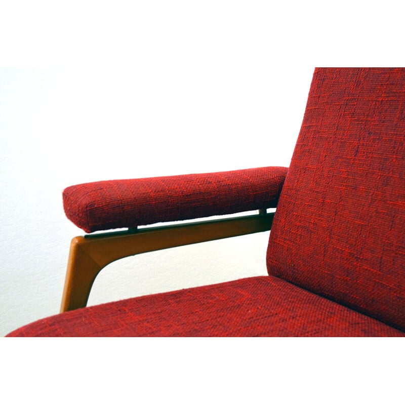 Paar vintage fauteuils in esdoornhout en stof met 3-zitsbank, 1960