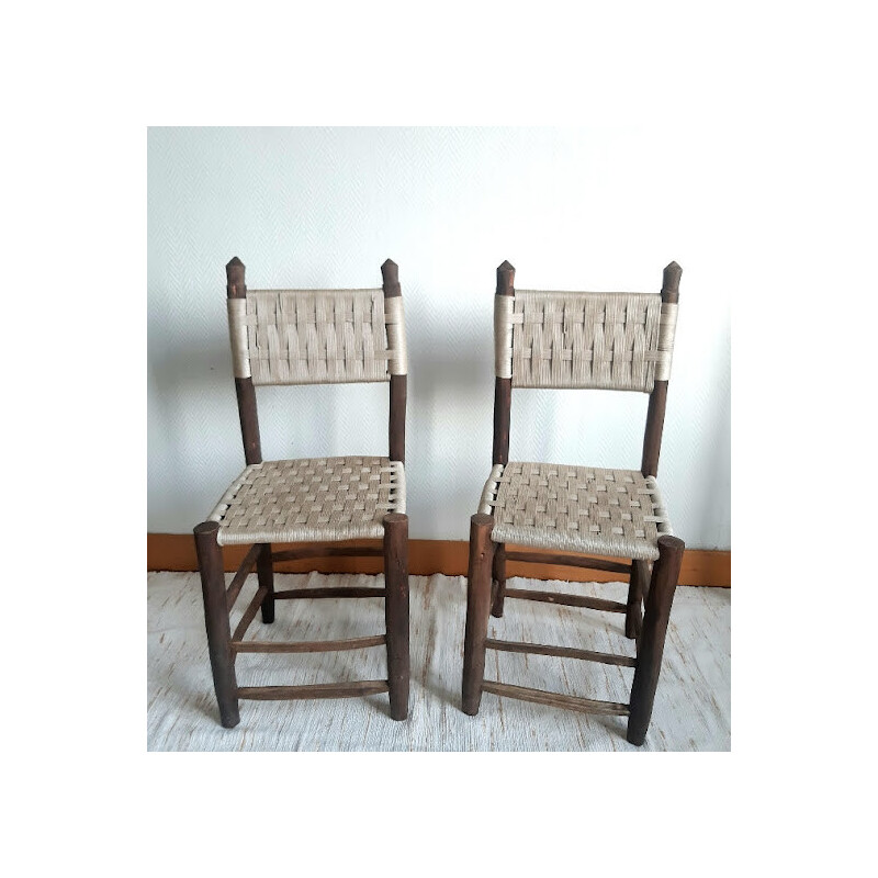 Set of 4 vintage solid wood and rope chairs, 1960