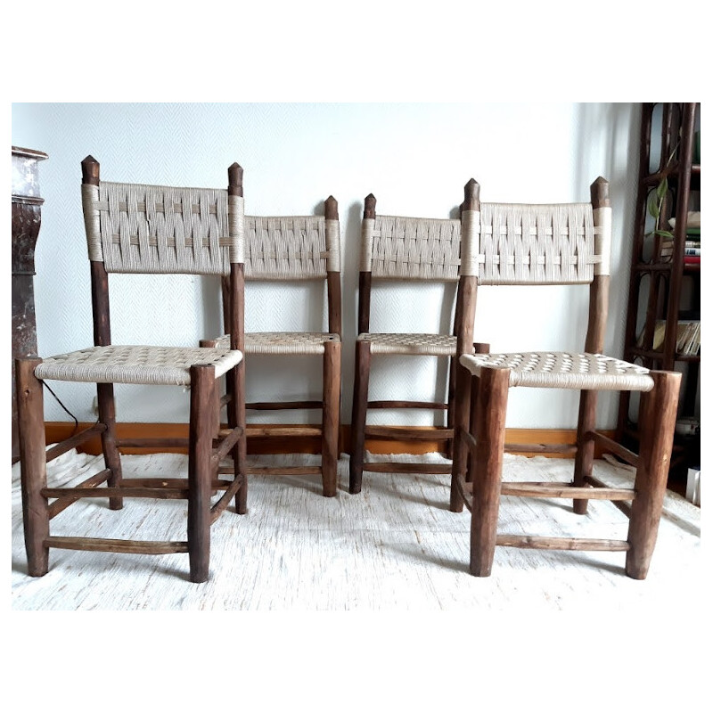 Lot de 4 chaises vintage en bois massif et corde, 1960