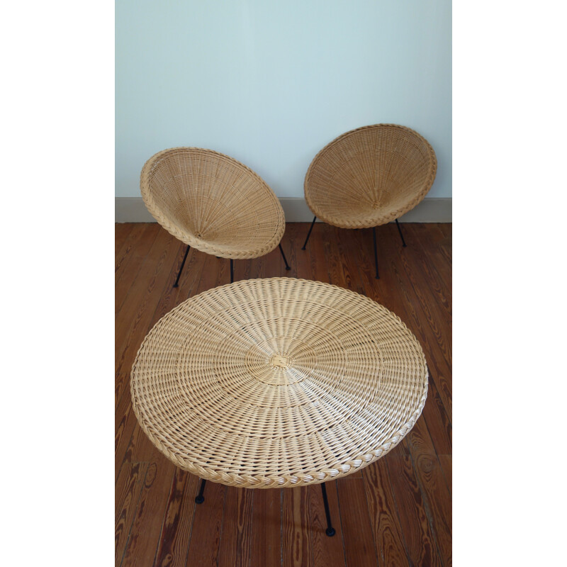 Braided rattan garden set with black feet - 1950s