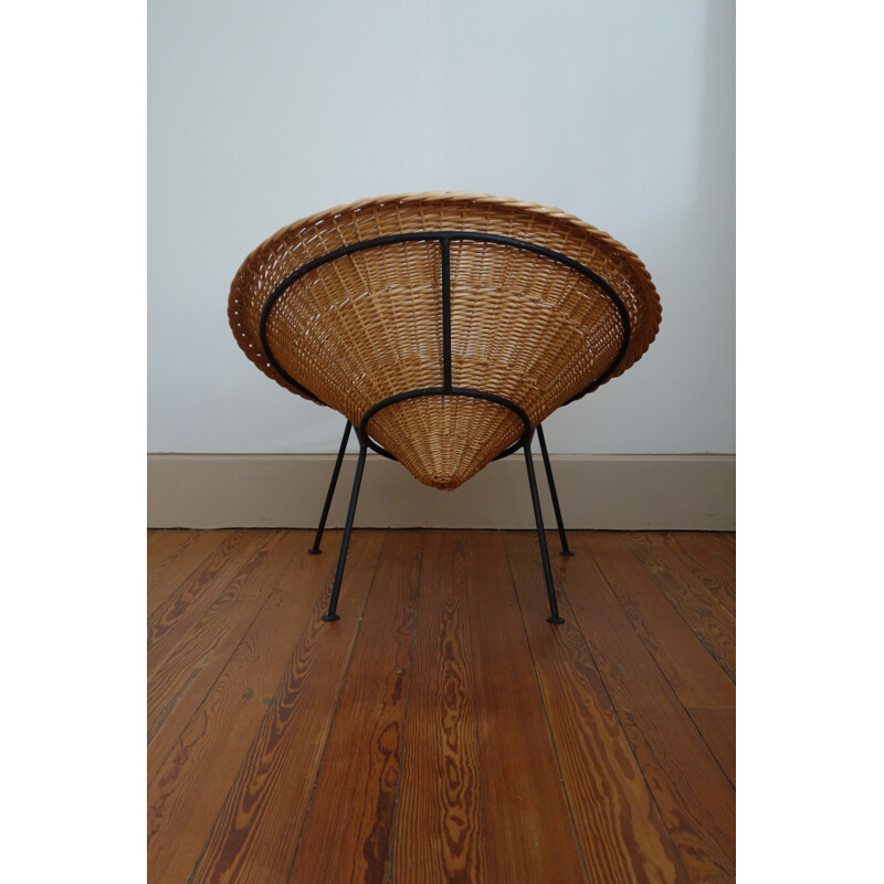 Braided rattan garden set with black feet - 1950s