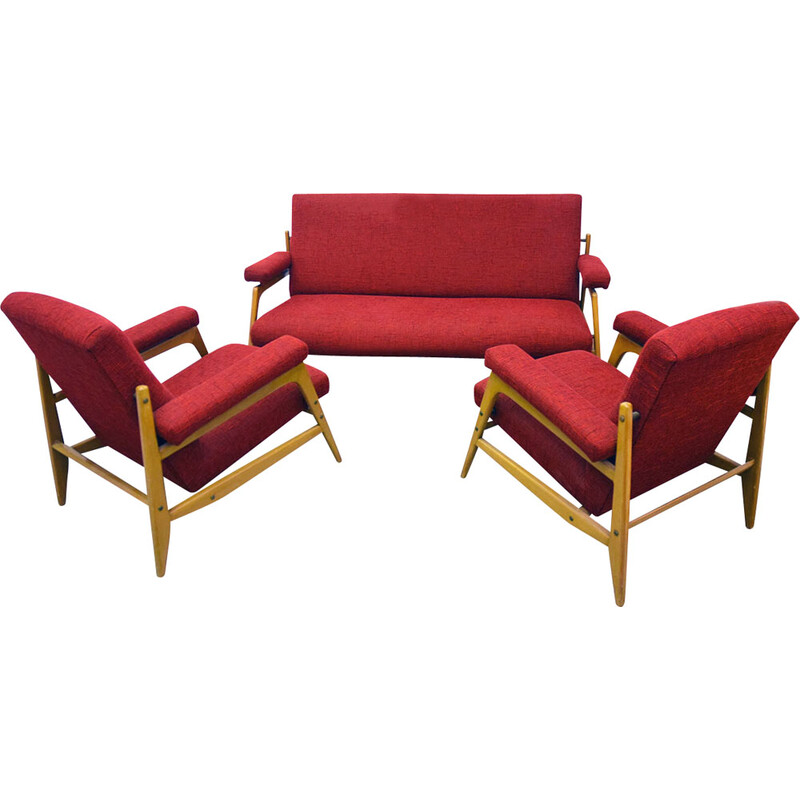 Pair of vintage armchairs in maple wood and fabric with 3-seater sofa, 1960