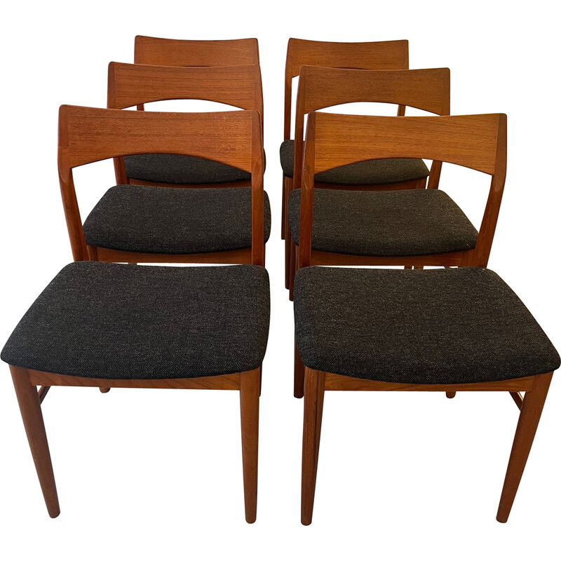 Set of 6 vintage dining chairs model 59 in teak and dark gray wool by Henning Kjaernulf, Denmark 1940