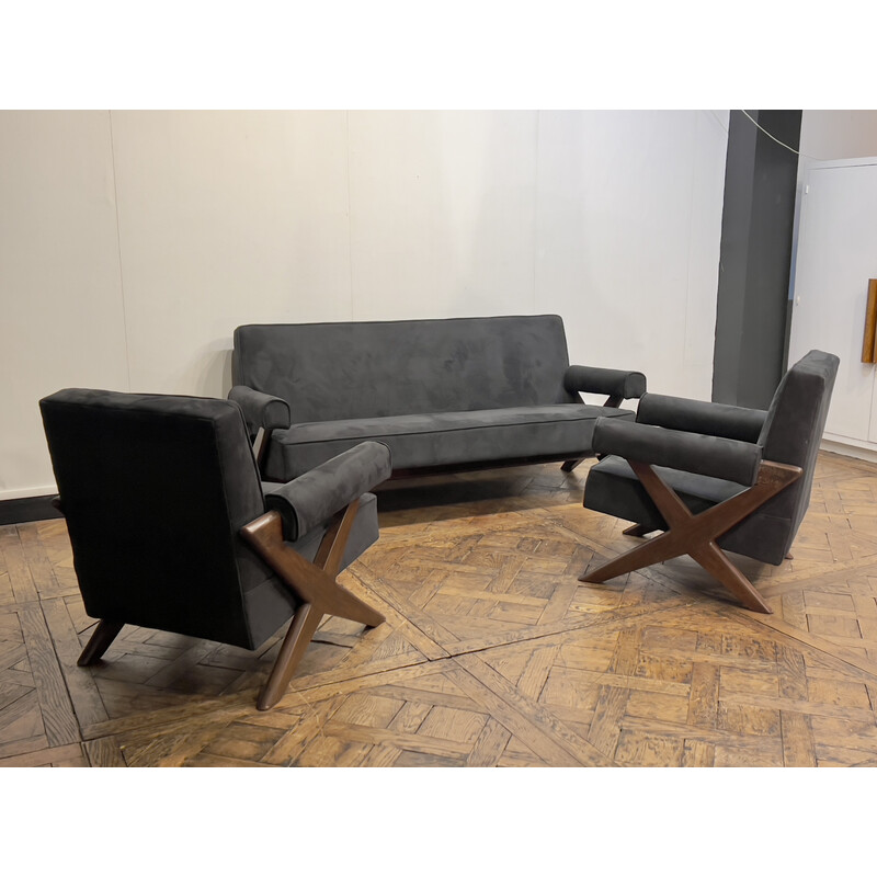 Paire de fauteuils vintage avec canapé 3 places par Pierre Jeanneret Inde 1956