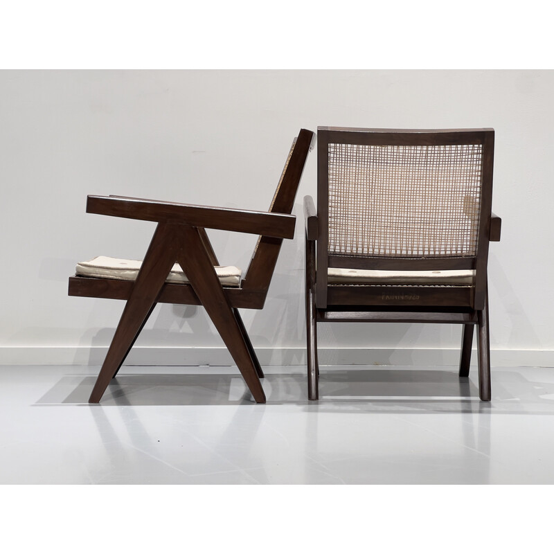 Pair of vintage teak and cane armchairs by Pierre Jeanneret, India 1956