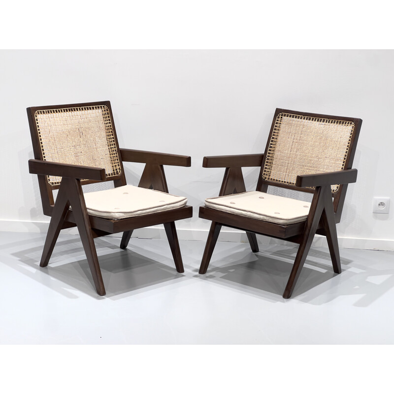 Pair of vintage teak and cane armchairs by Pierre Jeanneret, India 1956