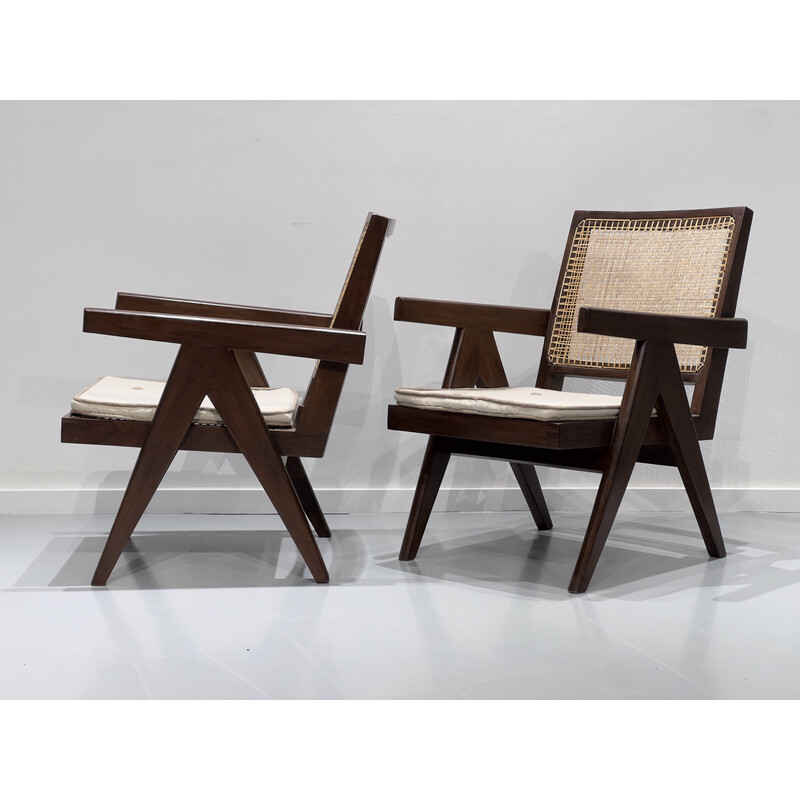 Pair of vintage teak and cane armchairs by Pierre Jeanneret, India 1956