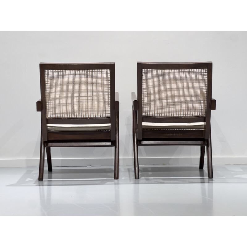 Pair of vintage teak and cane armchairs by Pierre Jeanneret, India 1956