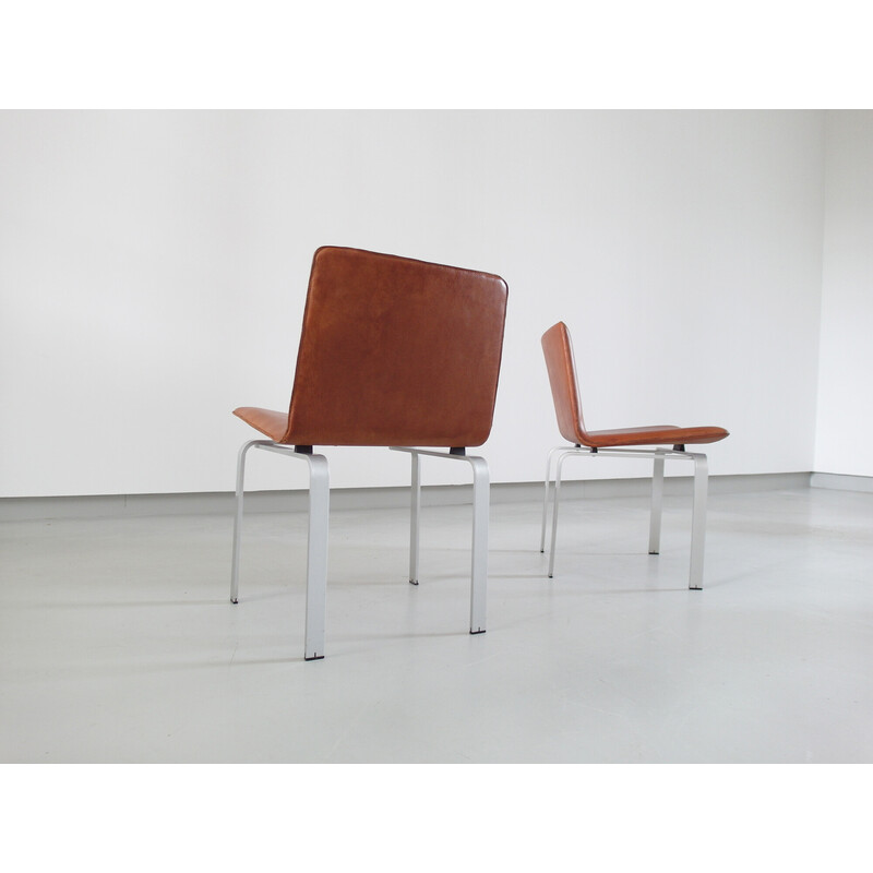 Ensemble de 4 chaises à repas vintage en aluminium brossé et cuir cognac par Jørgen Høj pour Niels Vitsoe, Danemark 1962