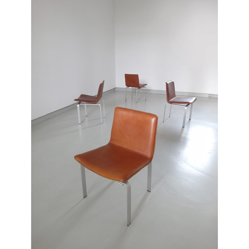 Ensemble de 4 chaises à repas vintage en aluminium brossé et cuir cognac par Jørgen Høj pour Niels Vitsoe, Danemark 1962