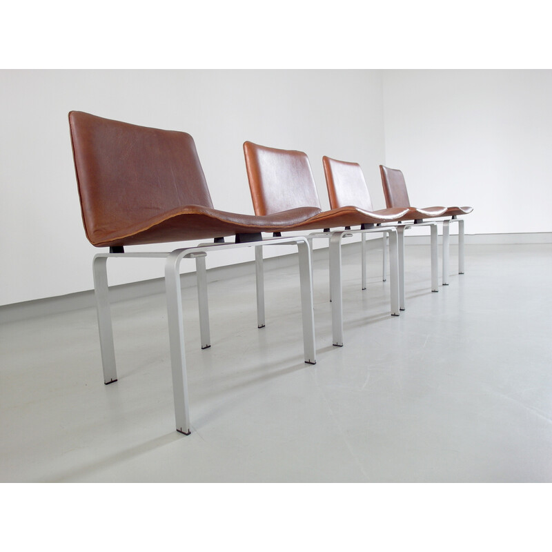 Ensemble de 4 chaises à repas vintage en aluminium brossé et cuir cognac par Jørgen Høj pour Niels Vitsoe, Danemark 1962