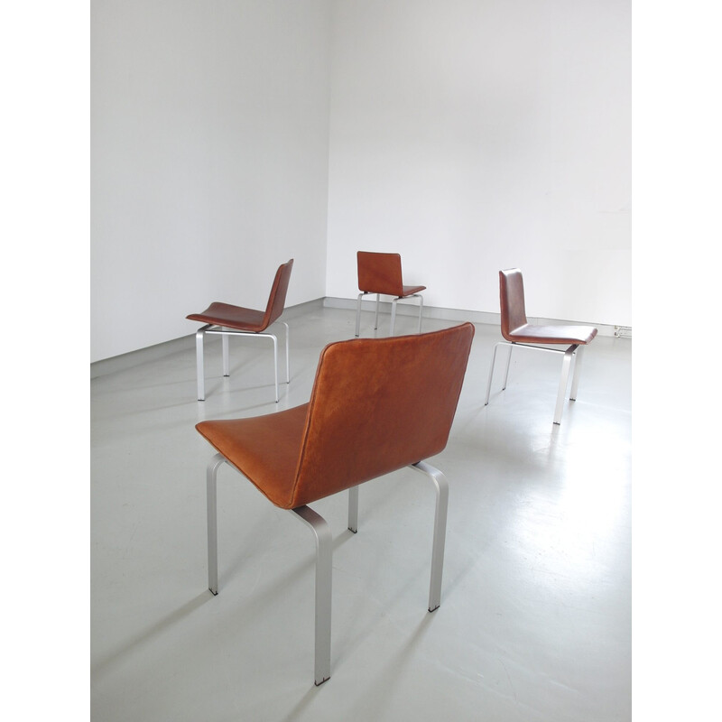 Ensemble de 4 chaises à repas vintage en aluminium brossé et cuir cognac par Jørgen Høj pour Niels Vitsoe, Danemark 1962