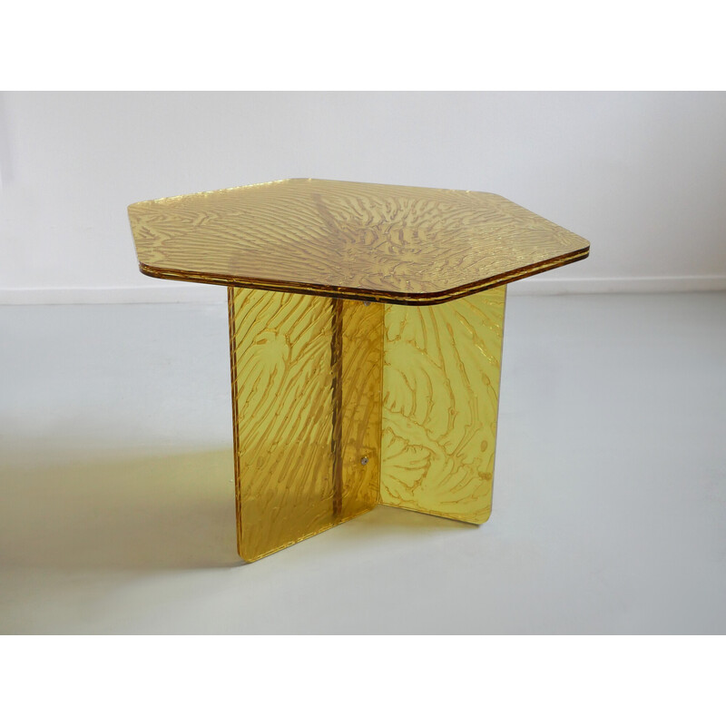 Vintage Sketch hexagonal yellow acrylic side table by Roberto Giacomucci, Italy 2020