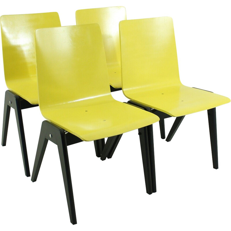 Set of 4 mid-century yellow and black chairs - 1960s