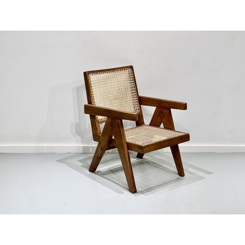 Fauteuil vintage en teck et cannage par Pierre Jeanneret, Inde 1956