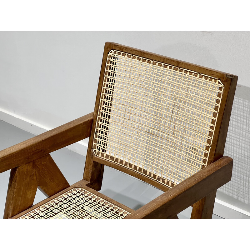 Vintage teak and cane armchair by Pierre Jeanneret, India 1956