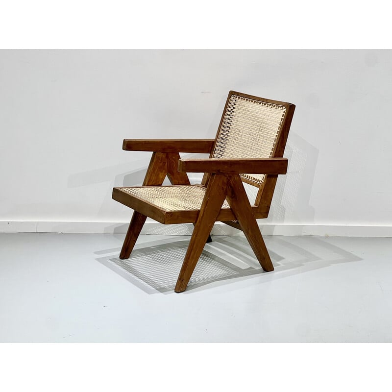 Fauteuil vintage en teck et cannage par Pierre Jeanneret, Inde 1956