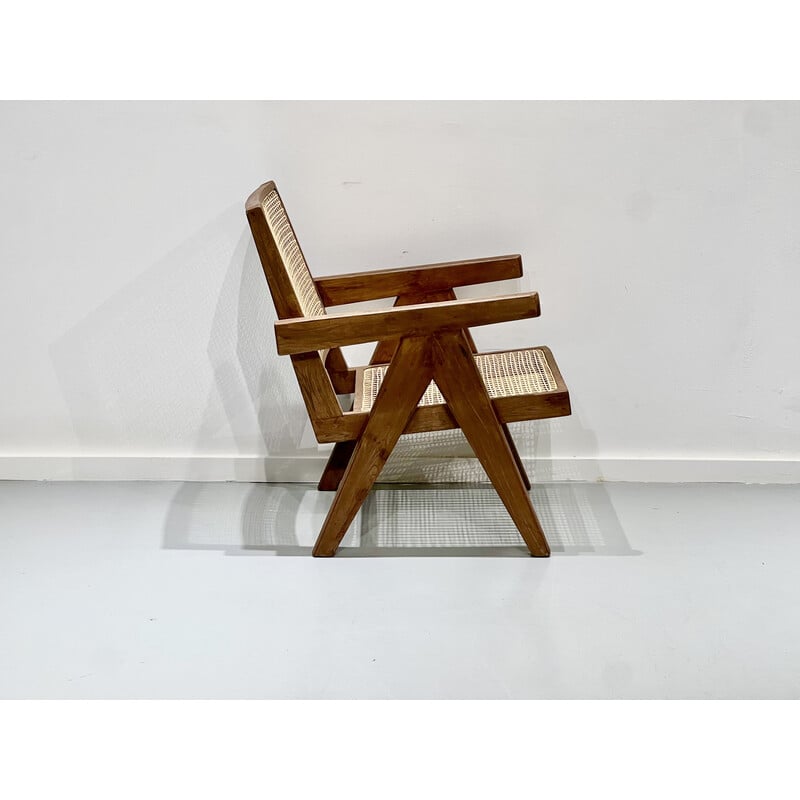 Fauteuil vintage en teck et cannage par Pierre Jeanneret, Inde 1956