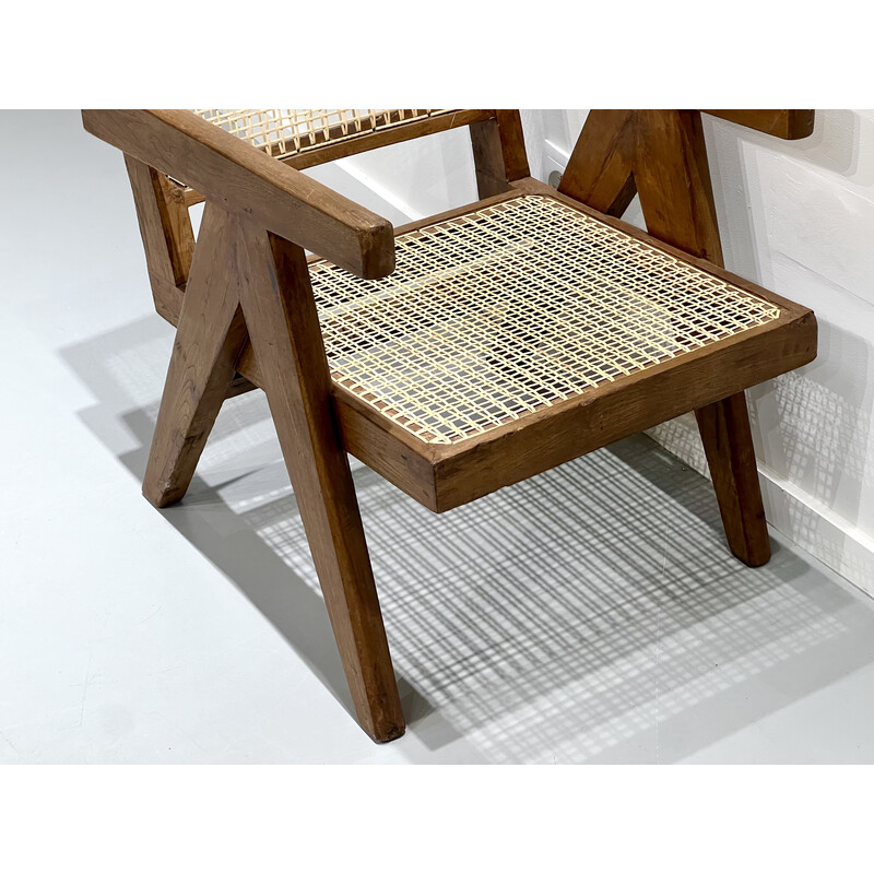 Vintage teak and cane armchair by Pierre Jeanneret, India 1956