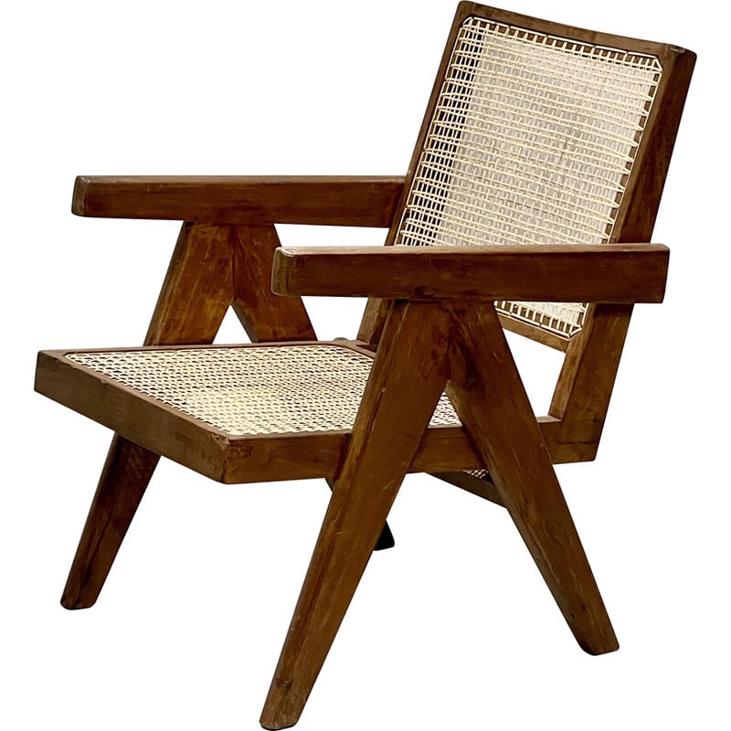 Fauteuil vintage en teck et cannage par Pierre Jeanneret, Inde 1956