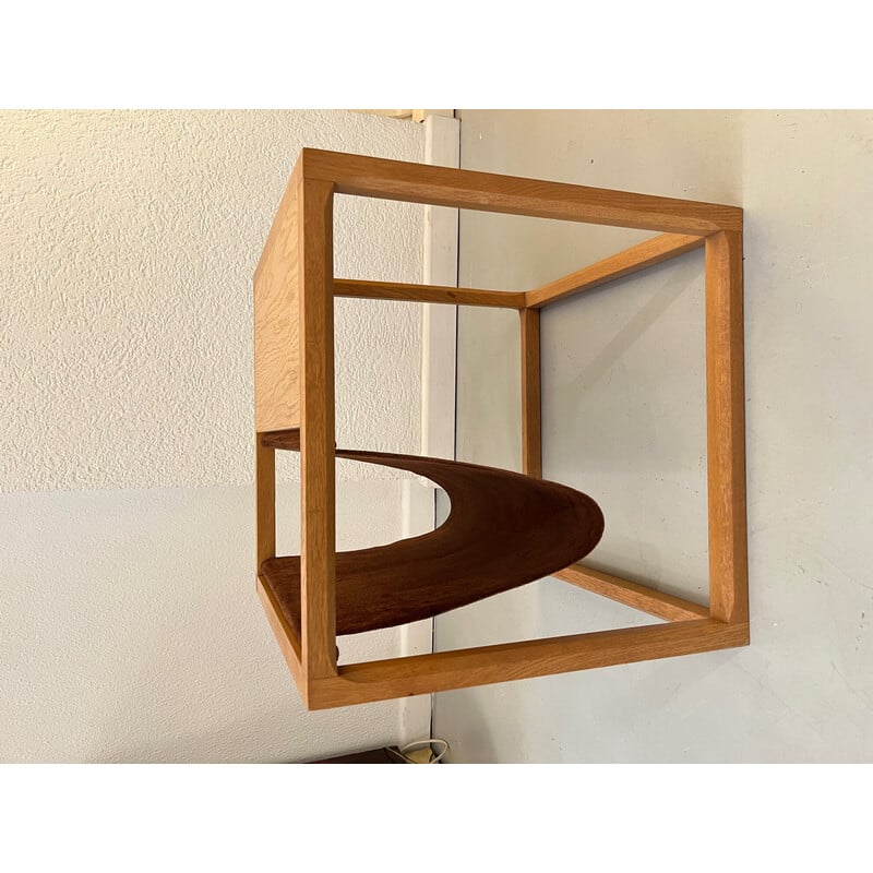 Vintage oak side table with brown suede magazine rack by Kai Kristiansen, Denmark 1960