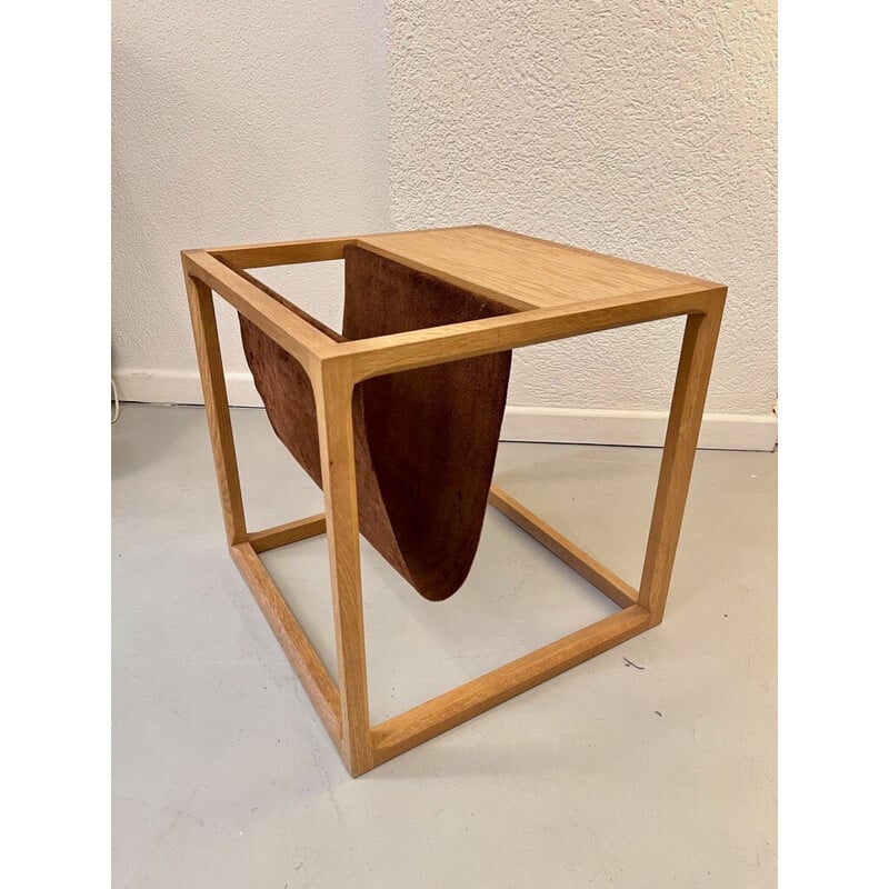 Vintage oak side table with brown suede magazine rack by Kai Kristiansen, Denmark 1960