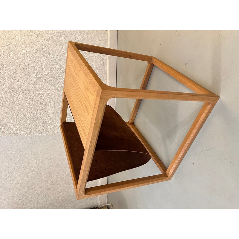 Vintage oak side table with brown suede magazine rack by Kai Kristiansen, Denmark 1960