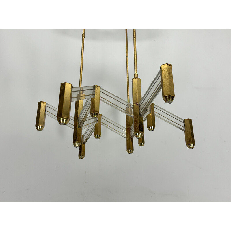 Vintage brass and plexiglass chandelier for Zeroquattro, Italy 1970