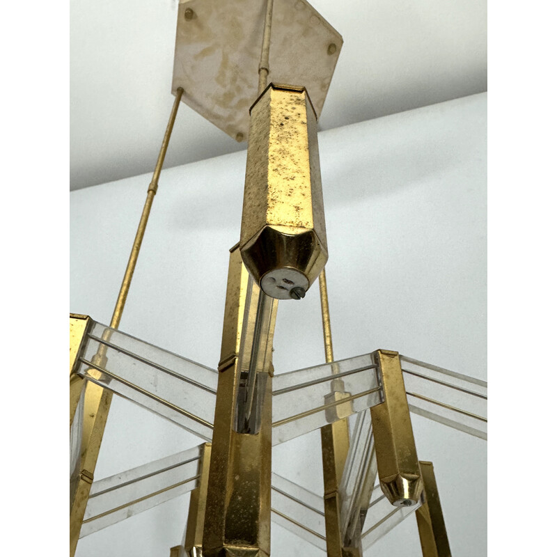Vintage brass and plexiglass chandelier for Zeroquattro, Italy 1970