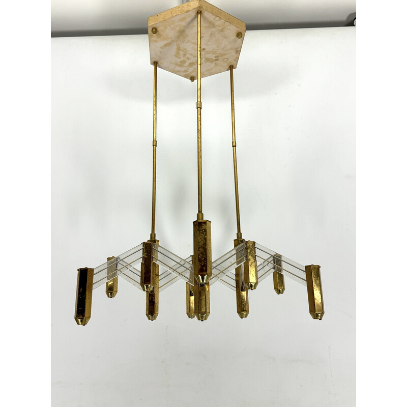 Vintage brass and plexiglass chandelier for Zeroquattro, Italy 1970