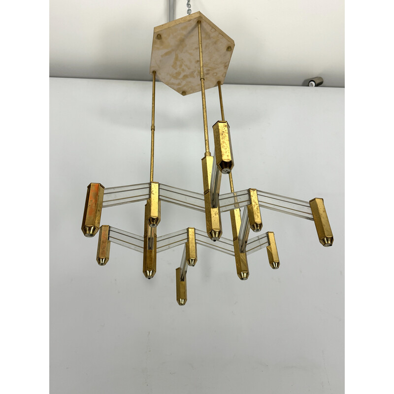 Vintage brass and plexiglass chandelier for Zeroquattro, Italy 1970