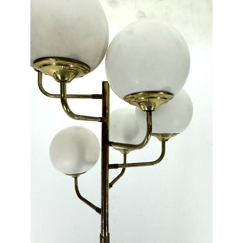 Vintage brass and opaline glass 6-arm floor lamp for Stilnovo, Italy 1950