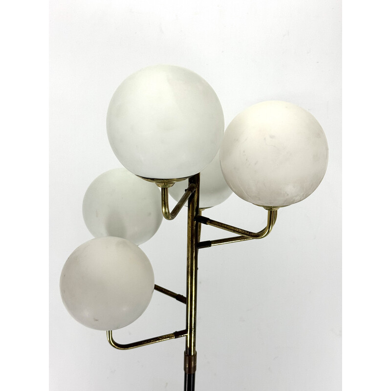 Vintage brass and opaline glass 6-arm floor lamp for Stilnovo, Italy 1950