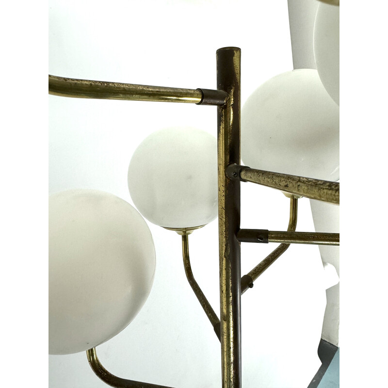 Vintage brass and opaline glass 6-arm floor lamp for Stilnovo, Italy 1950