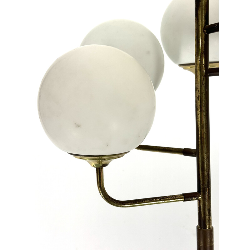 Vintage brass and opaline glass 6-arm floor lamp for Stilnovo, Italy 1950