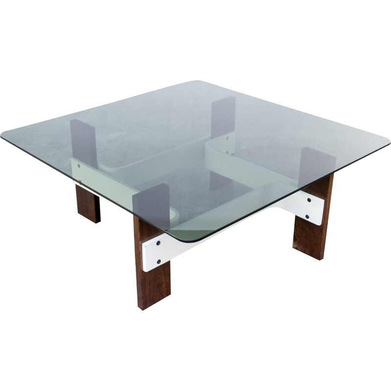 Vintage square coffee table with smoked glass table top - 1970s