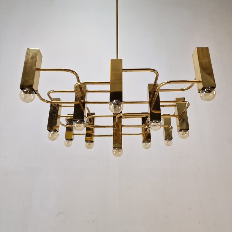 Vintage brass chandelier with 13 lights by Gaetano Sciolari, Italy 1970