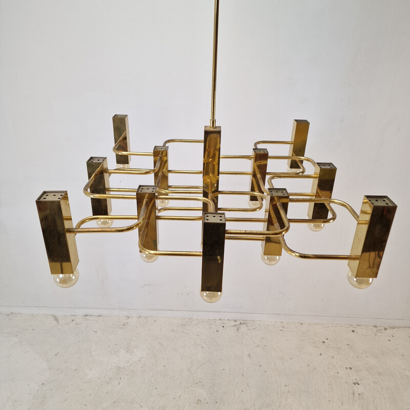 Vintage brass chandelier with 13 lights by Gaetano Sciolari, Italy 1970