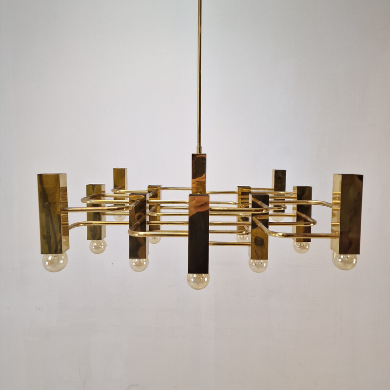 Lustre vintage en laiton avec 13 lumières par Gaetano Sciolari, Italie 1970