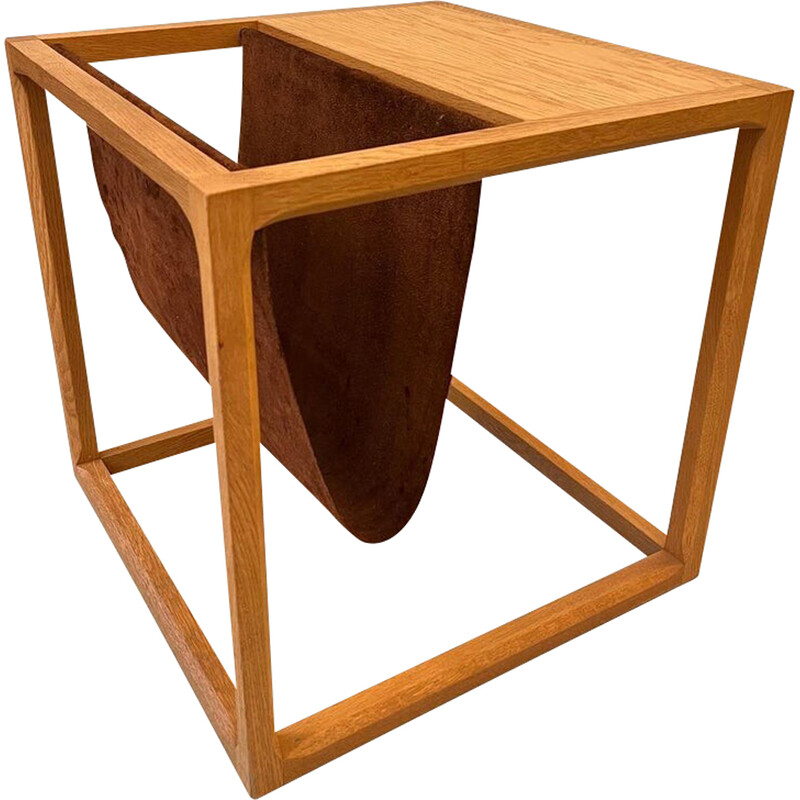 Vintage oak side table with brown suede magazine rack by Kai Kristiansen, Denmark 1960