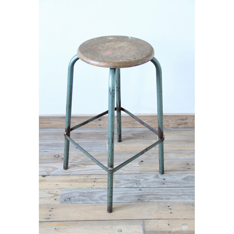 Mid-Century French Wood & Metal Industrial Stool - 1960s